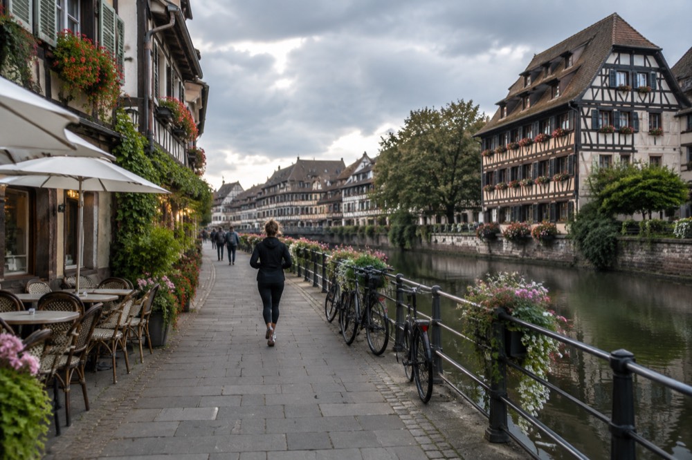 An Alsatian wine village street with flower-decked half-timbered houses and a tasting sign