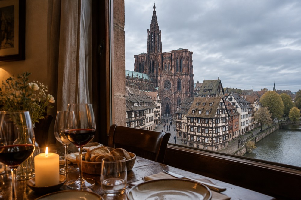 A dinner table set with wine glasses and bread in a candlelit Strasbourg dining room