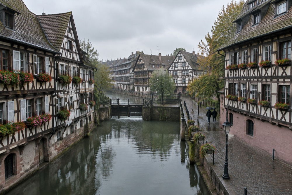 Half-timbered houses along a canal in Petite France in Strasbourg