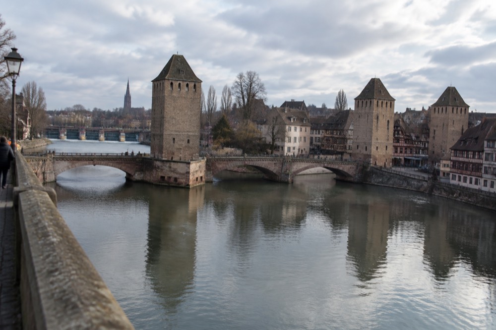 The covered bridges and Barrage Vauban seen across the River Ill in Strasbourg