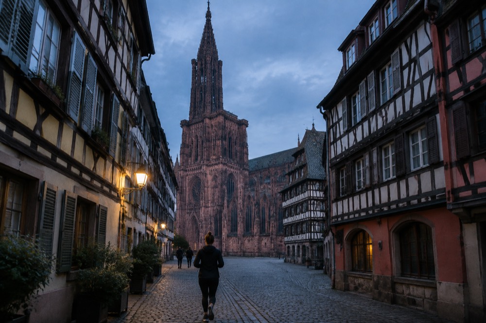 Cobbled lane with coloured half-timbered buildings in the old centre of Strasbourg