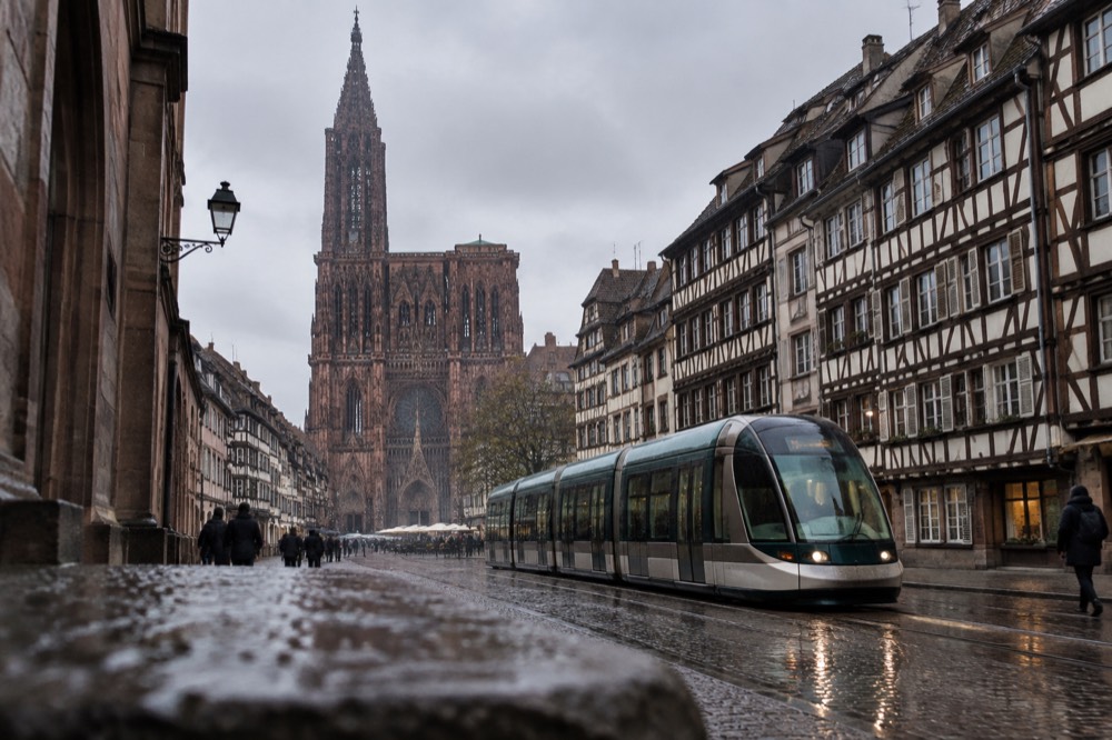 A tram passing half-timbered buildings on a street in central Strasbourg