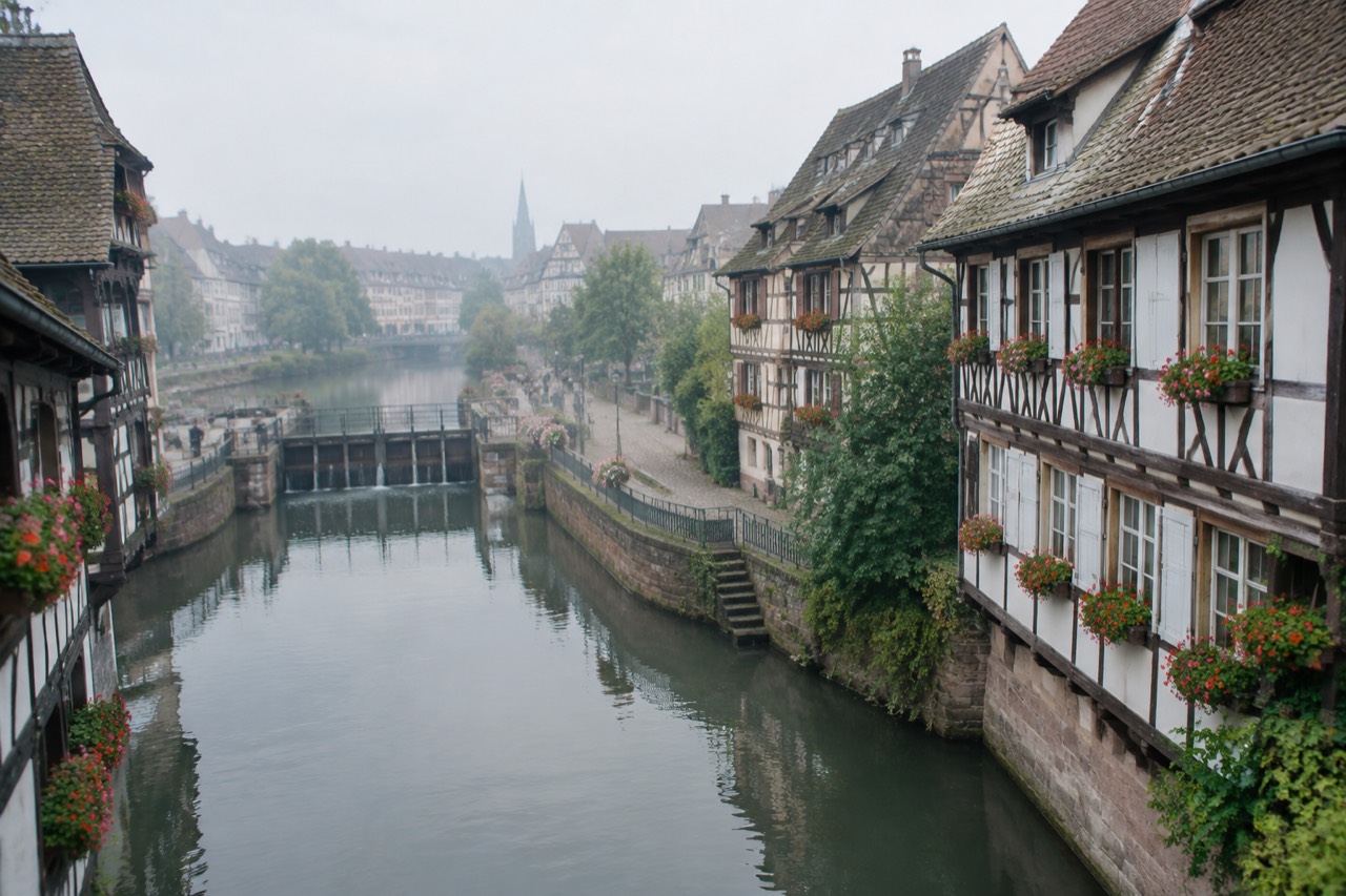 Half-timbered houses along a canal in Petite France in Strasbourg