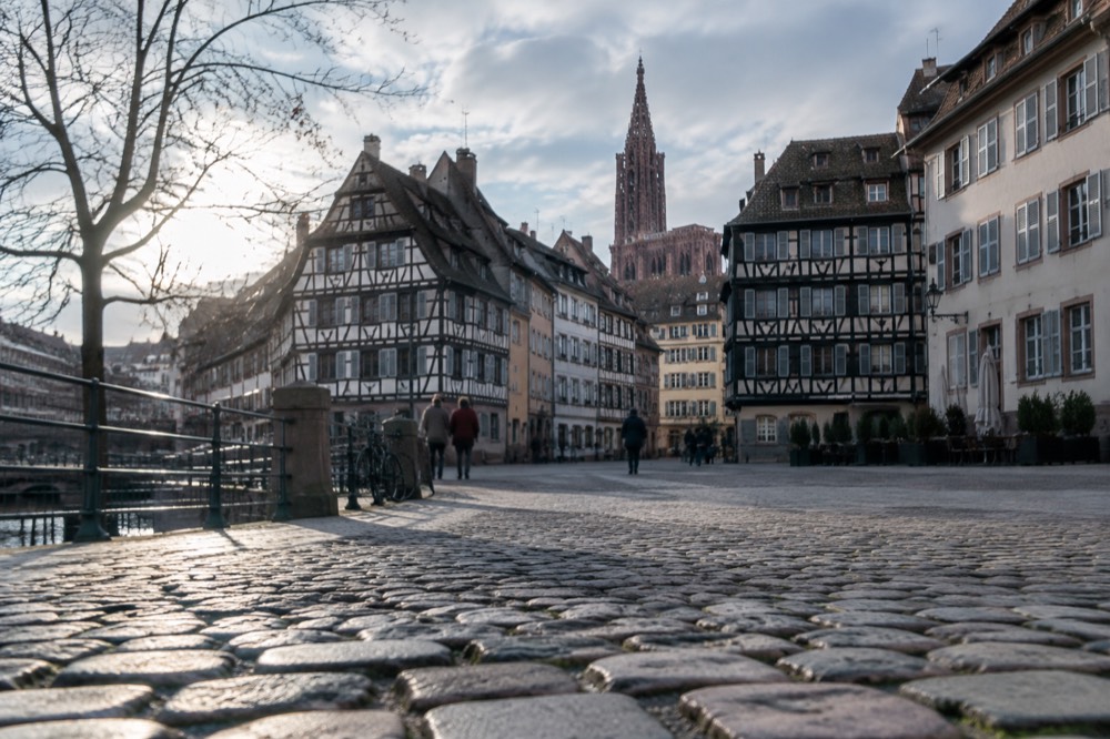 Cobbled square with half-timbered facades in the Grande Île of Strasbourg