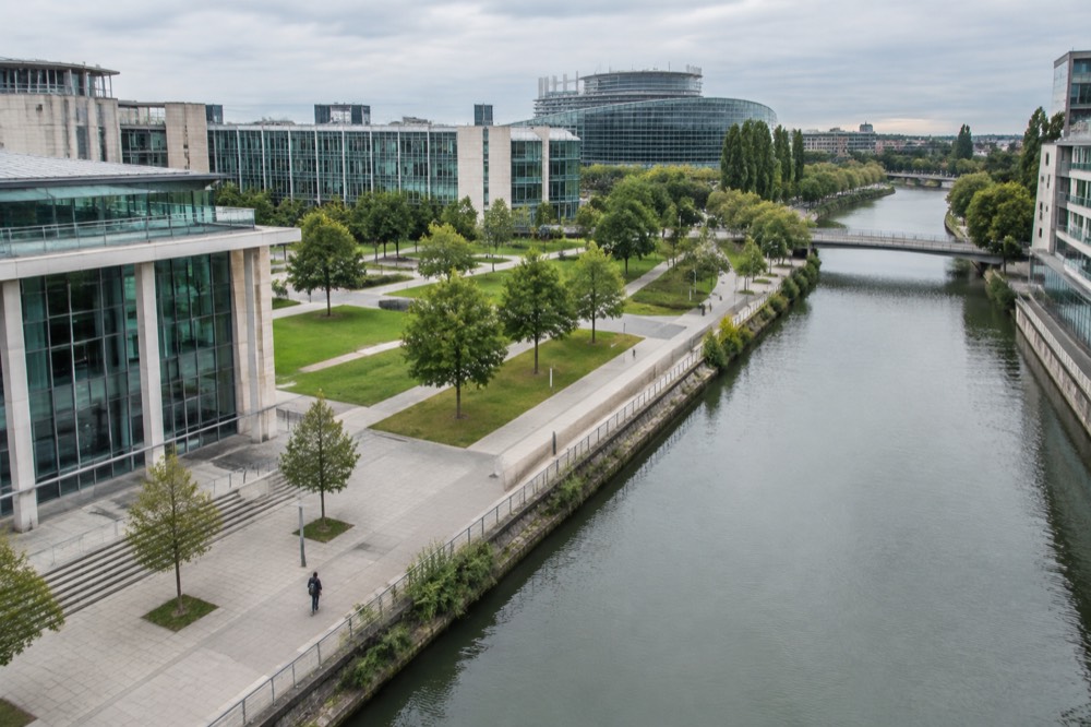Modern institutional buildings of the European Quarter in Strasbourg beside the river