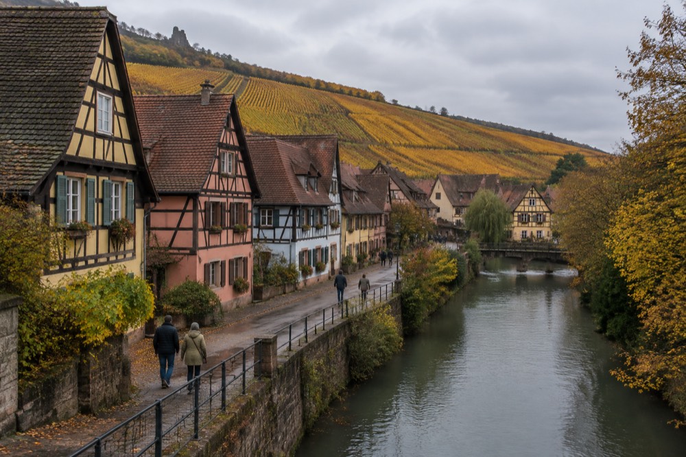 Vineyard slopes on the Alsace wine route covered in gold and amber autumn foliage