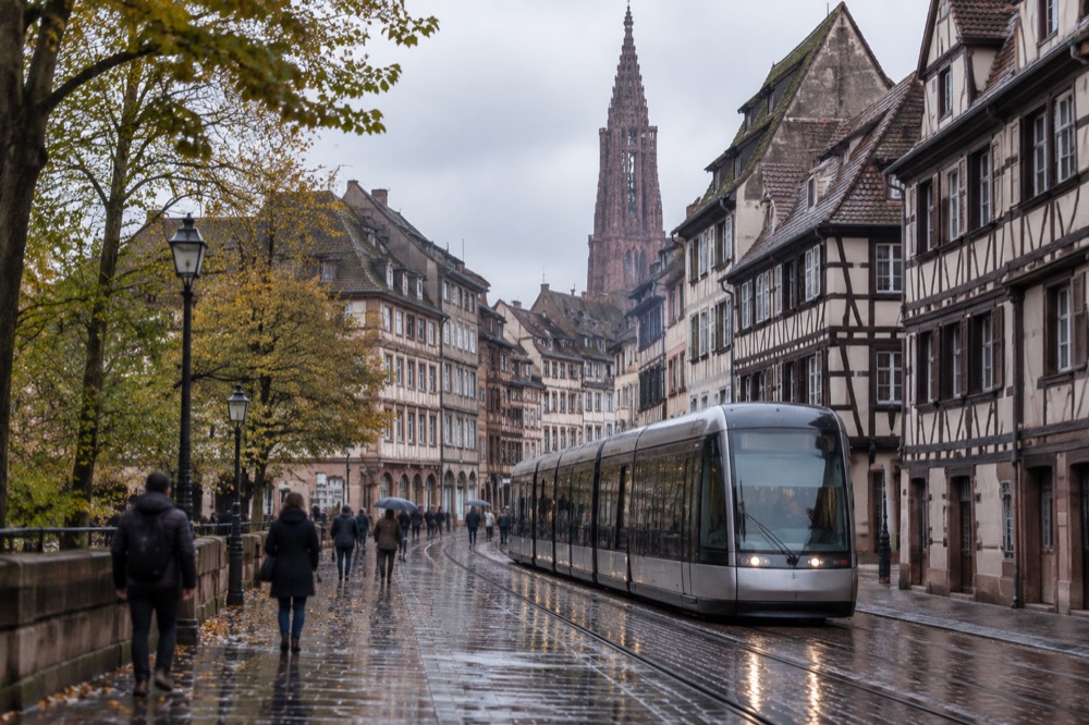 A modern tram passing through a rainy city centre street with wet reflective paving
