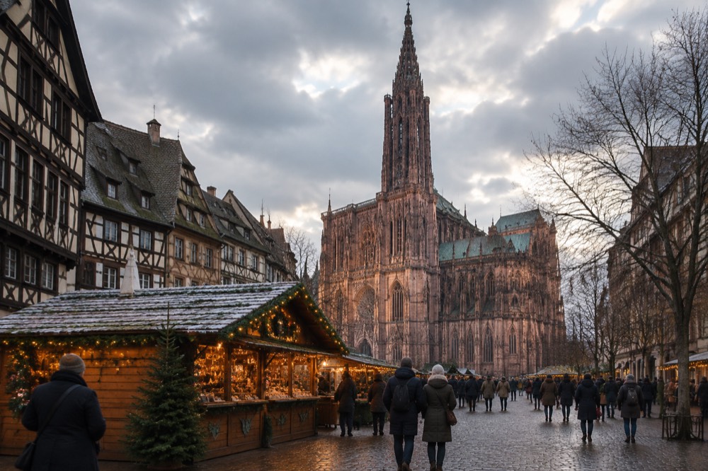 A wooden Christmas market chalet with garlands and warm lights in a Strasbourg square at dusk