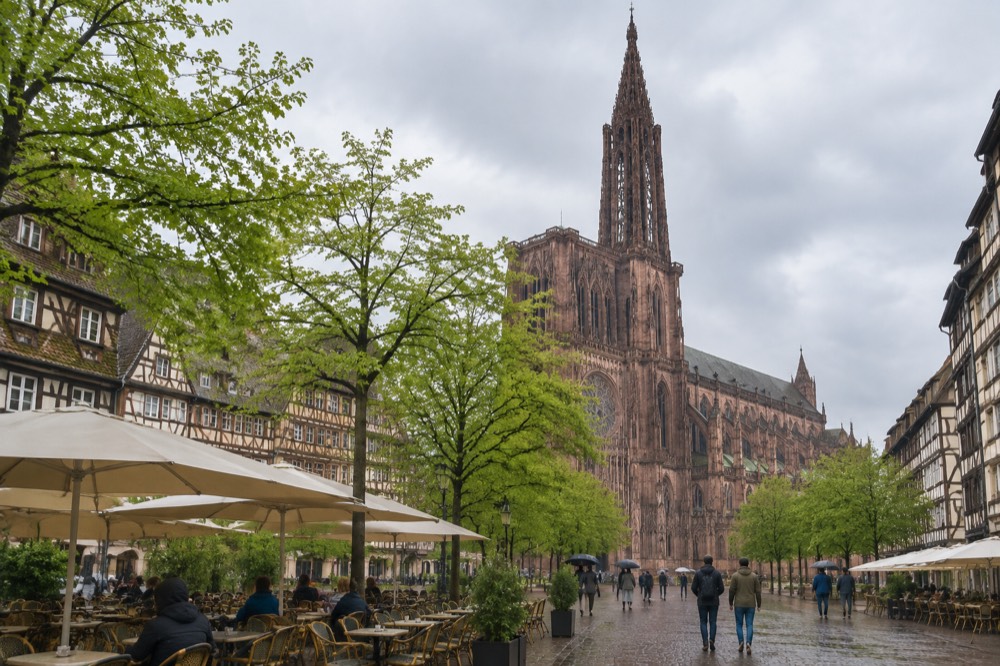 A café terrace on a Strasbourg square with tables set out under trees in spring