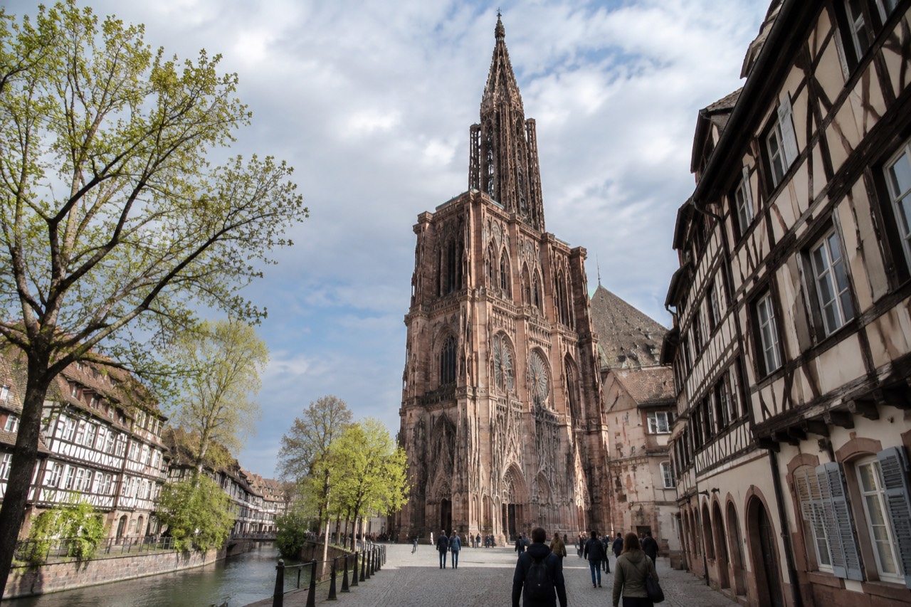 Half-timbered houses along the Ill river in Strasbourg with spring trees beginning to leaf