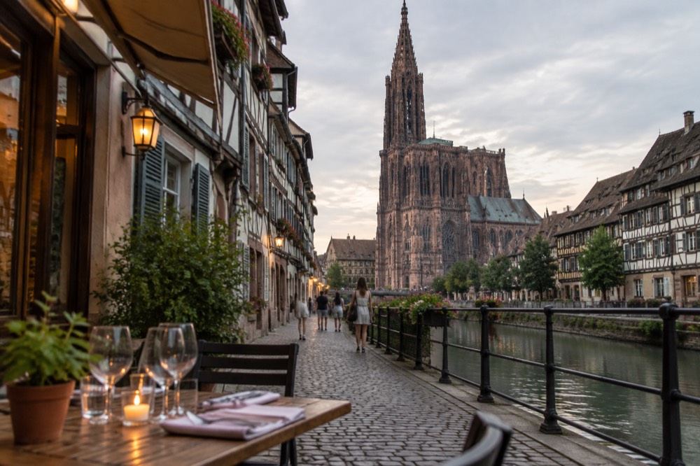 A terrace table set for dinner beside a medieval street in Strasbourg at dusk