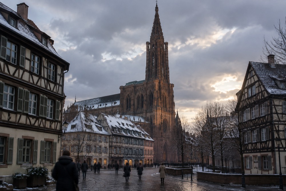 Strasbourg Cathedral rising above snow-dusted rooftops at dusk