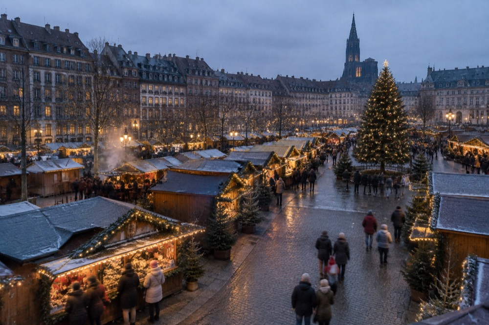 Illuminated Christmas market chalets in a snowy square with a decorated tree