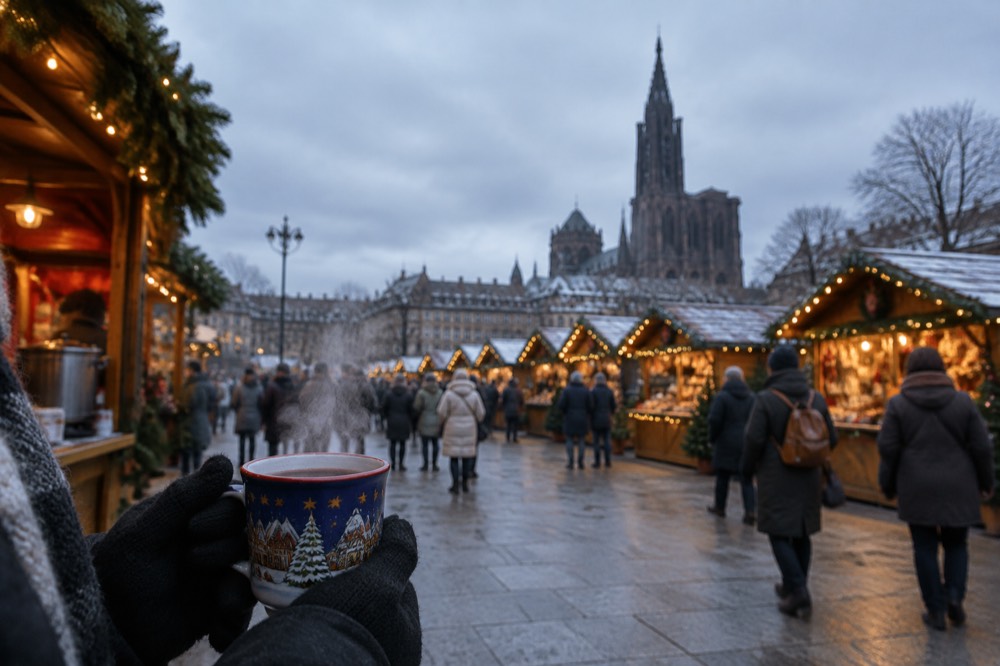 Mulled wine steaming in a decorated cup held in gloved hands at a market stall
