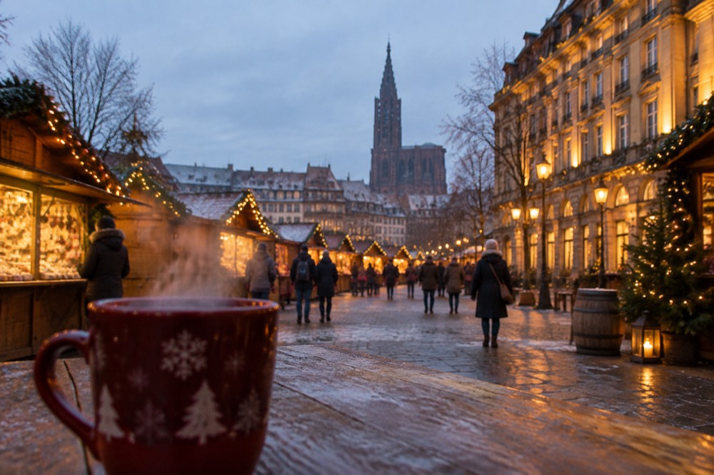 A warmly lit hotel facade with lanterns on a frosty evening street