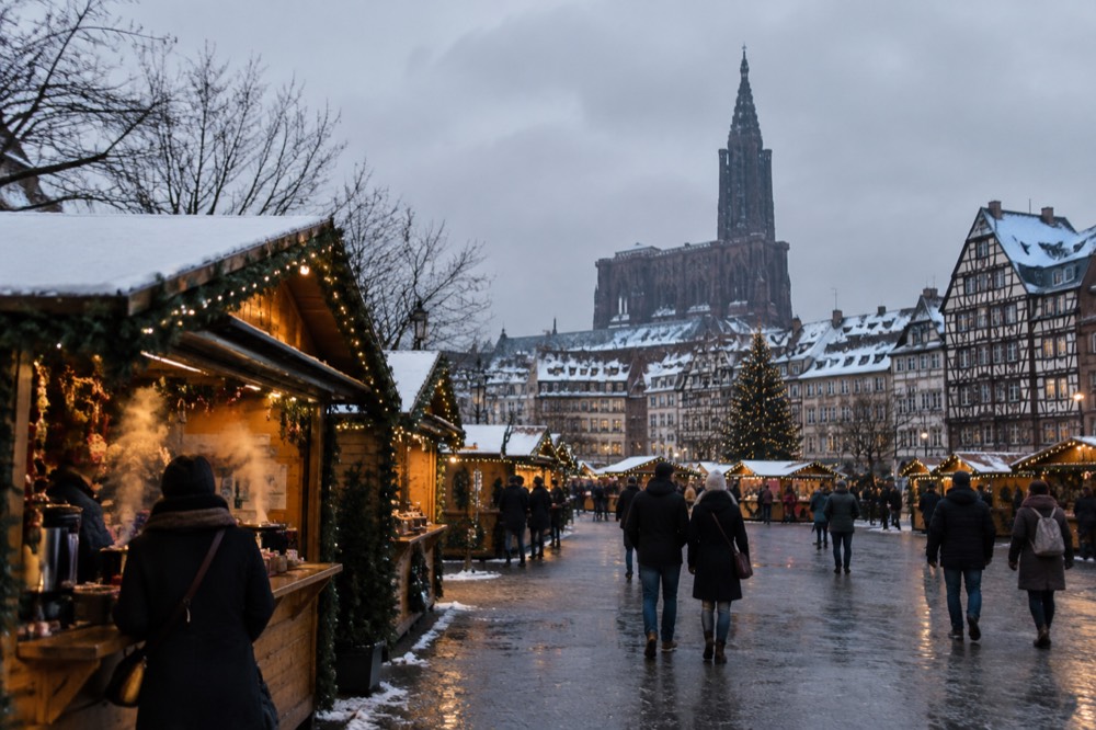 Snow-covered Alsatian village street with timbered houses under low winter light