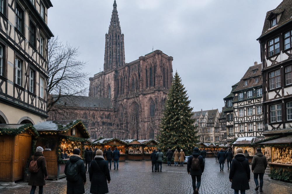 Festive market chalets and a large decorated Christmas tree framed by half-timbered houses in Strasbourg