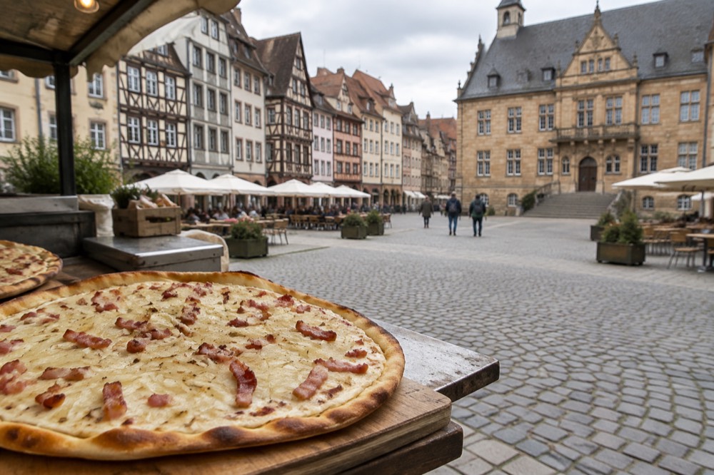 Close-up of an Alsatian tart with cream, bacon and onions on a market stall counter
