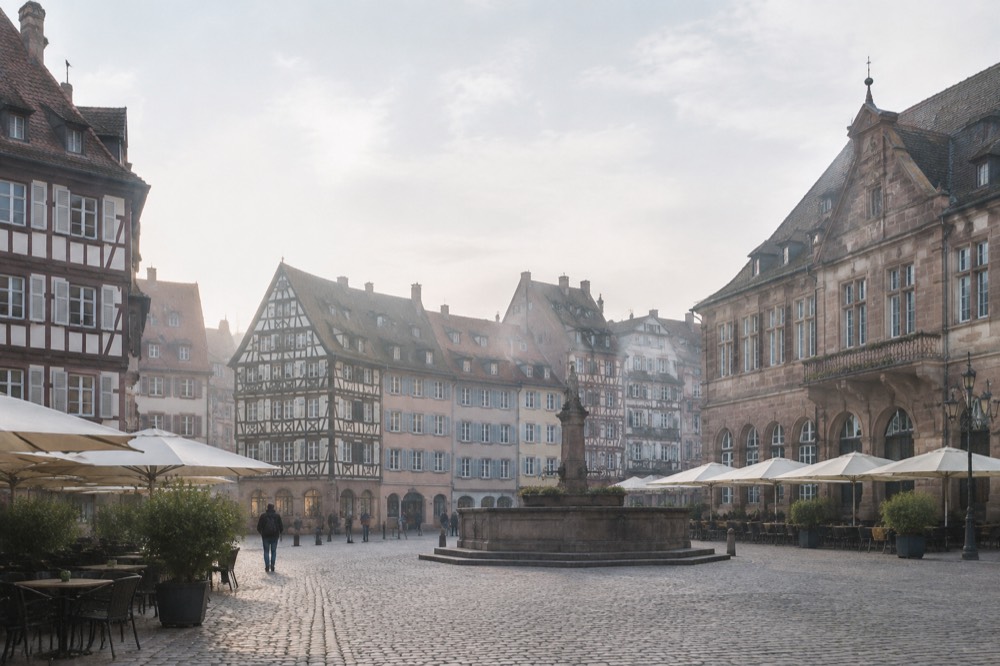 A quiet cobbled square with half-timbered buildings and a fountain in early morning light