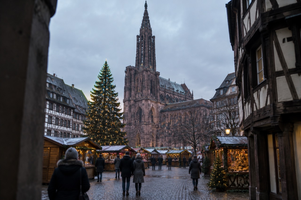 Festive market chalets and a large decorated Christmas tree framed by half-timbered houses in Strasbourg
