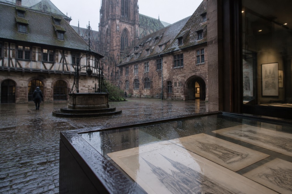 Gothic architectural drawings displayed under glass in a dim museum room