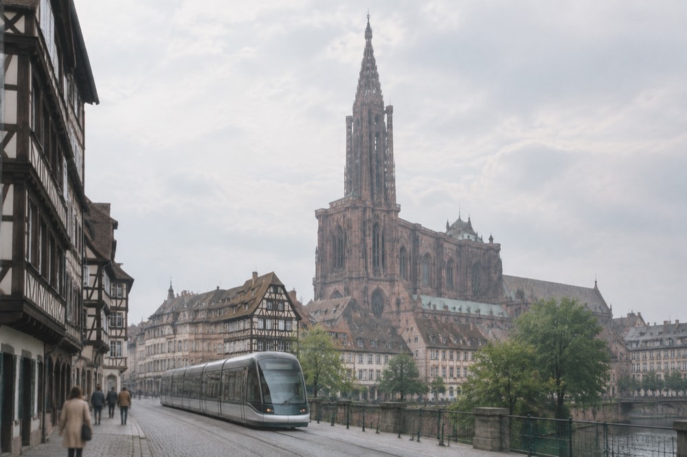 A modern tram passing half-timbered buildings on a street in central Strasbourg