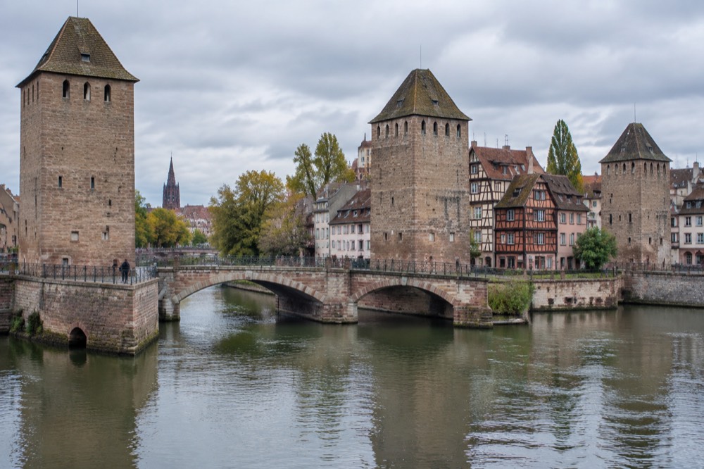 The Ponts Couverts towers and riverside houses along the Ill in Strasbourg