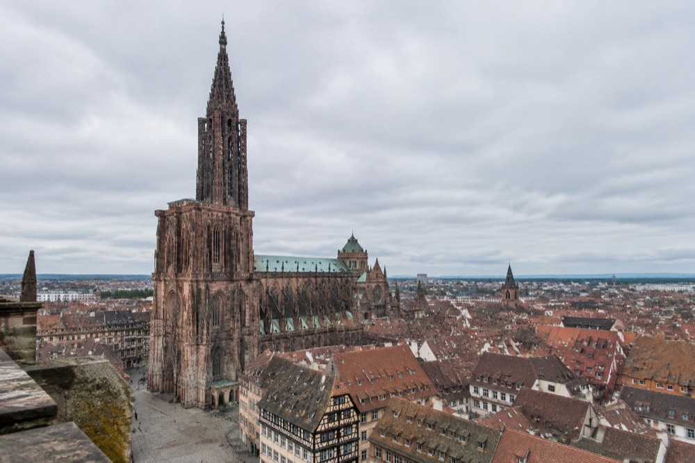 Looking down over Strasbourg's red rooftops from the cathedral platform