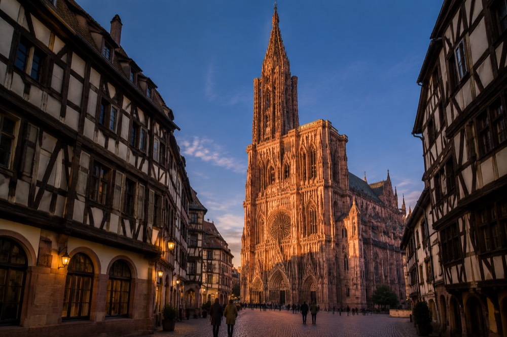 Strasbourg Cathedral's illuminated facade against a deep blue evening sky