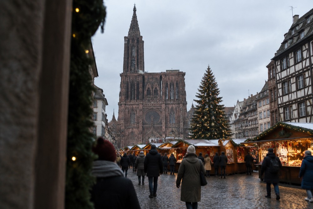 A Christmas market square in Strasbourg with lit chalets and a decorated tree at night