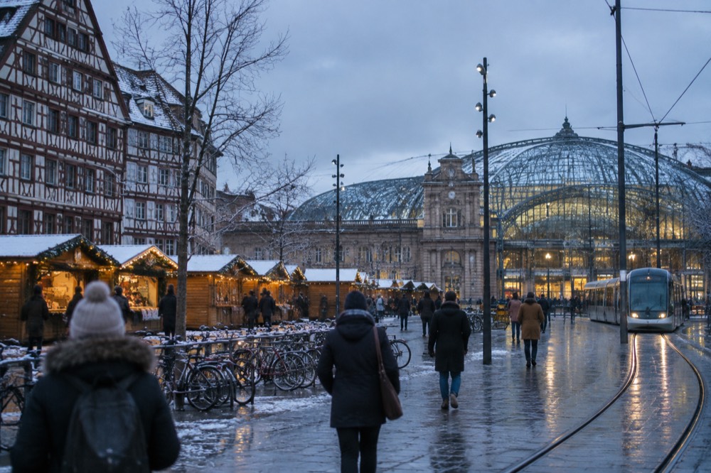 Visitors in winter coats walking between timber-framed buildings and market chalets in a snowy city square