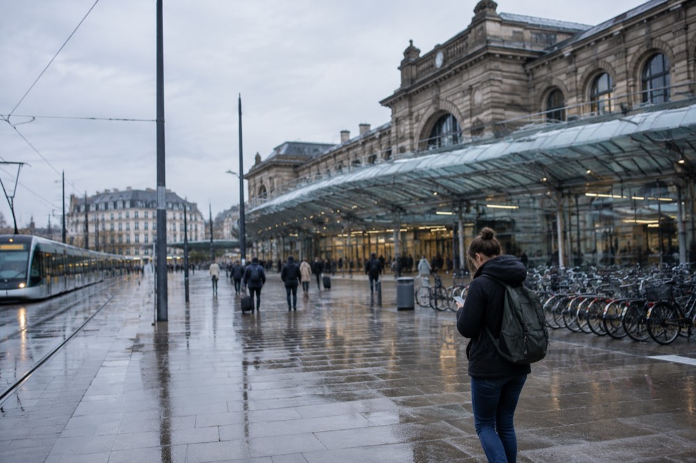 A traveller with a backpack checking a departure board in a glass-roofed railway station concourse