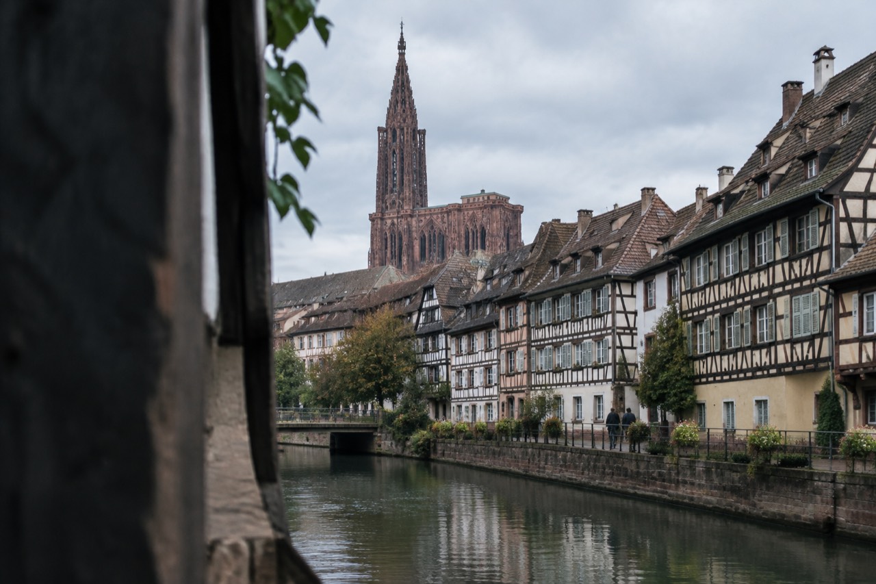 Half-timbered houses along a canal in Strasbourg with the cathedral spire rising behind the rooftops