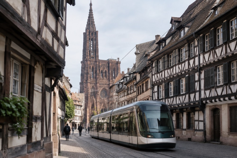 A tram passing timber-framed buildings on a Strasbourg street in morning light