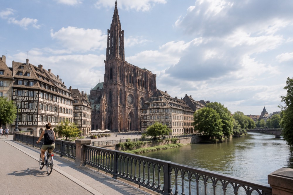 A cyclist crossing a Strasbourg bridge over the River Ill on a summer afternoon