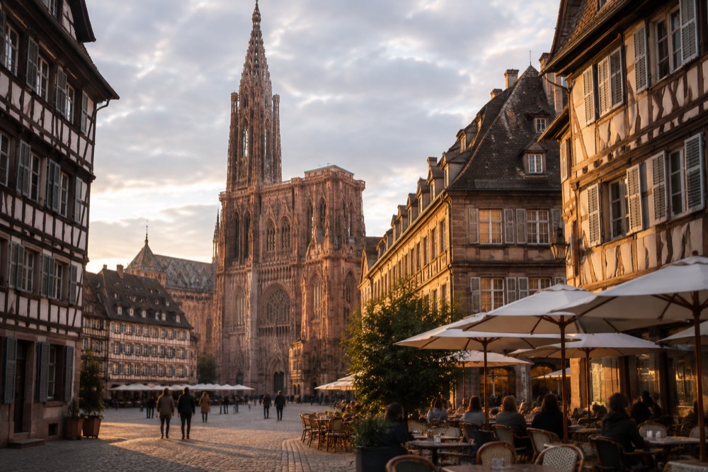 A sunlit square in Strasbourg with cafe tables and the cathedral tower in soft evening light