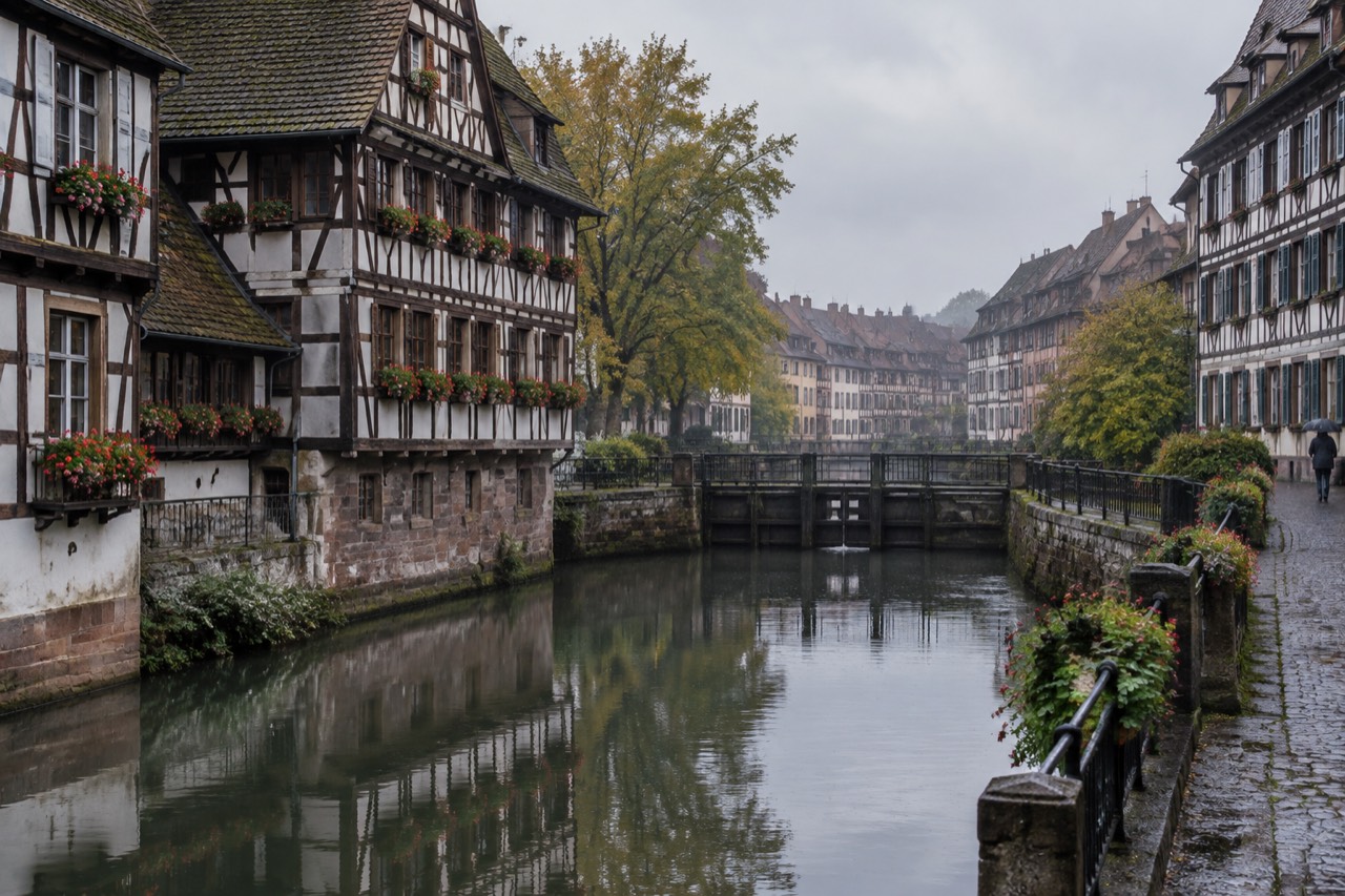 Half-timbered houses reflected in a calm canal in Strasbourg's Petite France quarter