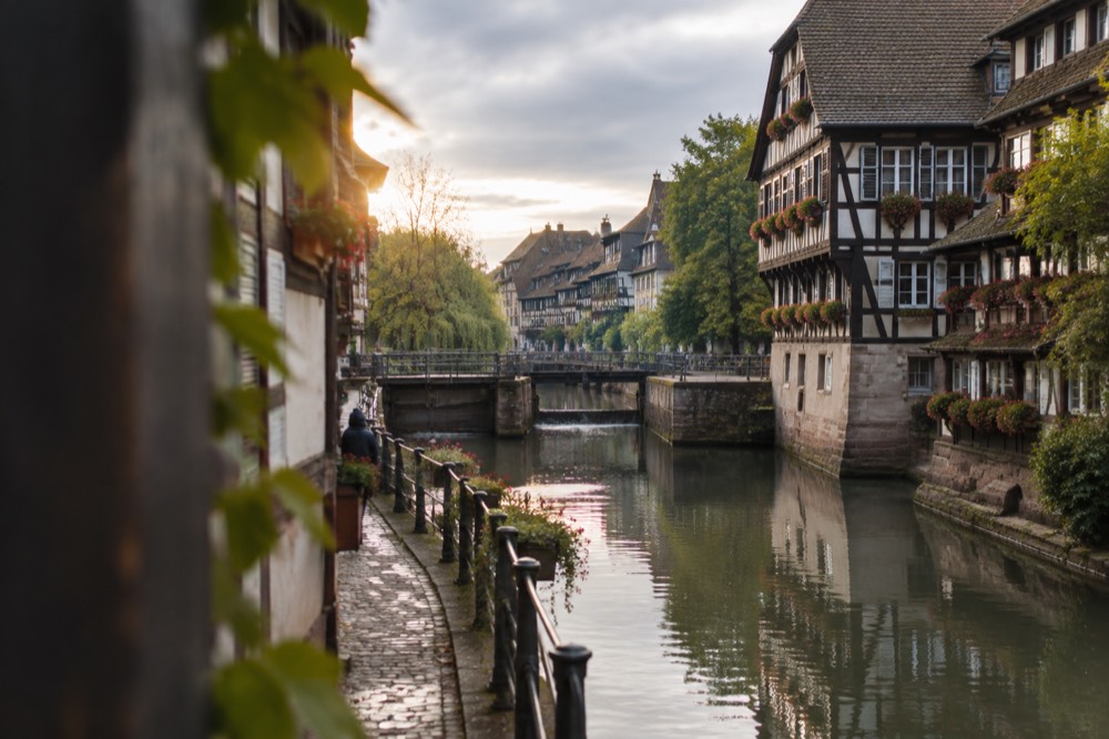 Half-timbered houses along a canal in Petite France in Strasbourg
