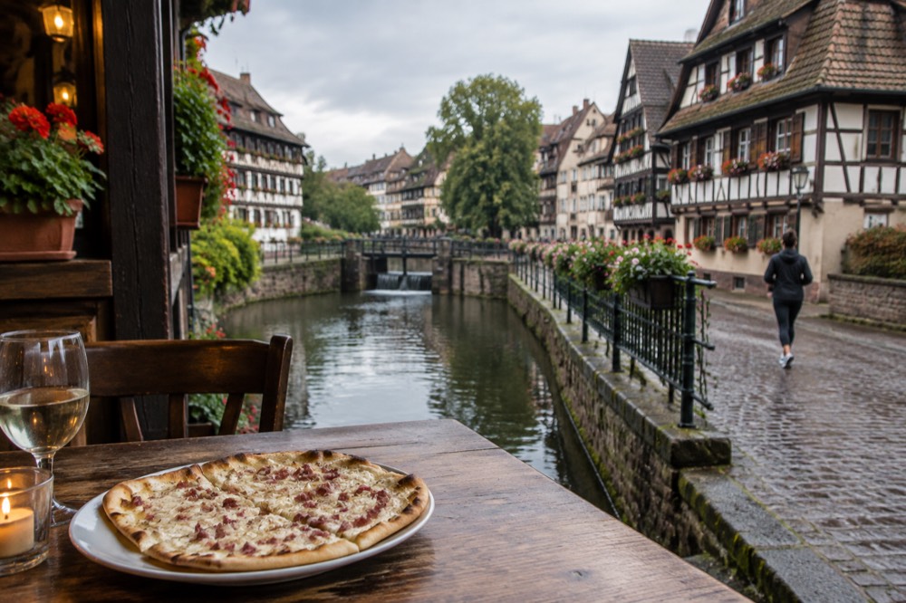 A plate of tarte flambée on a wooden table in an Alsatian winstub