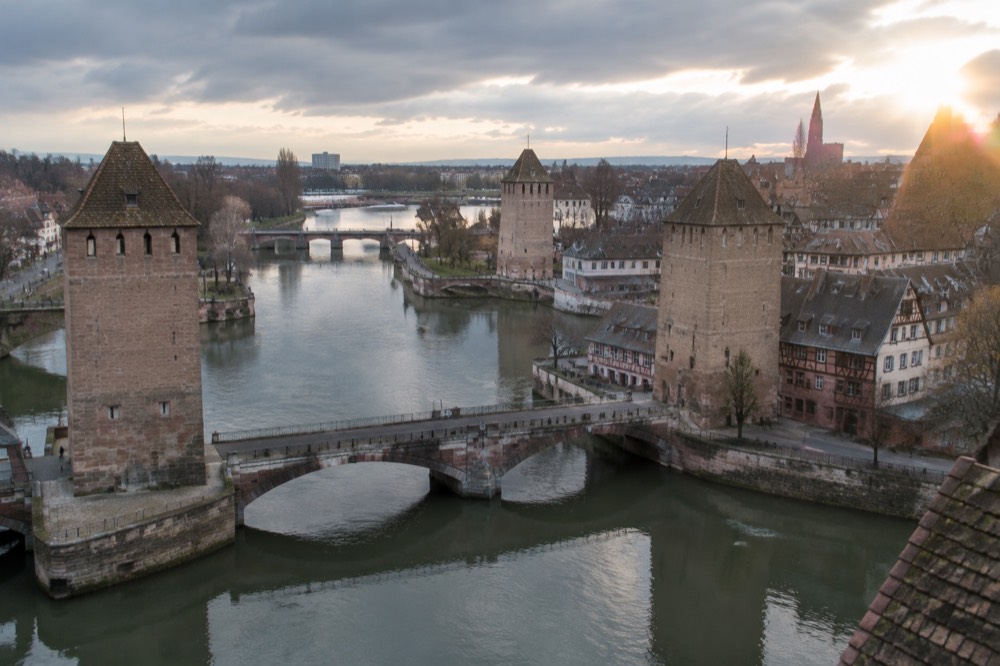 The covered bridges and the Barrage Vauban seen across the Ill river in Strasbourg