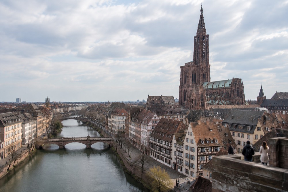 The Ill river and city rooftops seen from a high terrace in Strasbourg