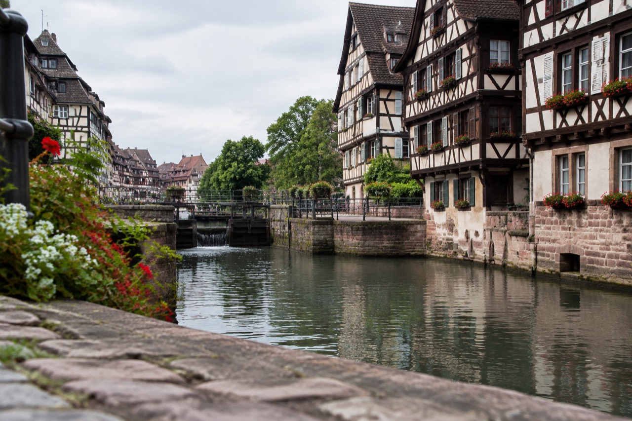 Half-timbered houses along a canal in Petite France in Strasbourg