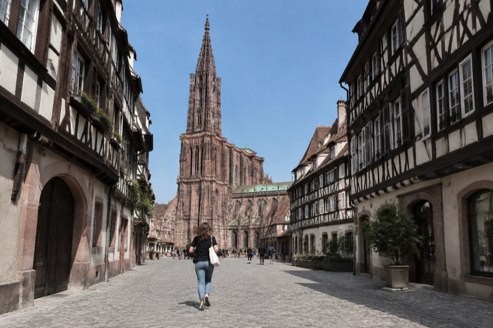 Strasbourg Cathedral's single spire rising above red rooftops under a clear blue sky