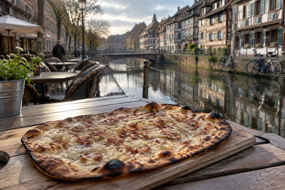 A freshly baked tarte flambée on a wooden board, its thin crust blistered and edges charred
