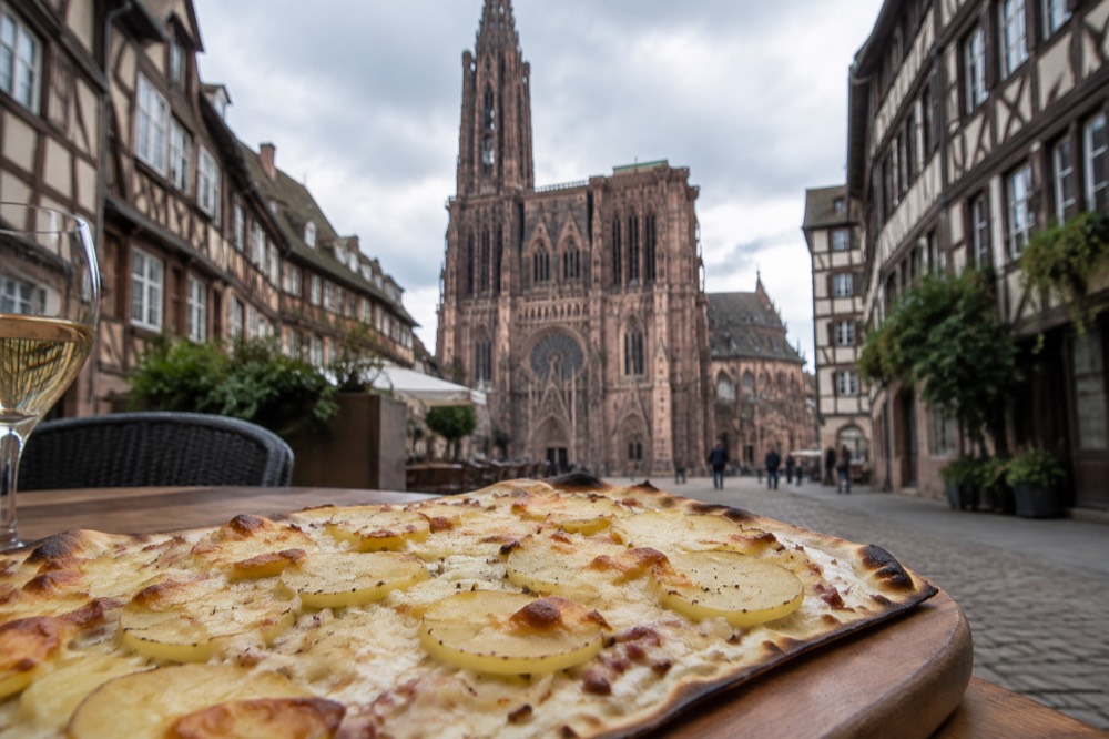 A close view of a tarte flambée topped with munster cheese and sliced potatoes fresh from the oven