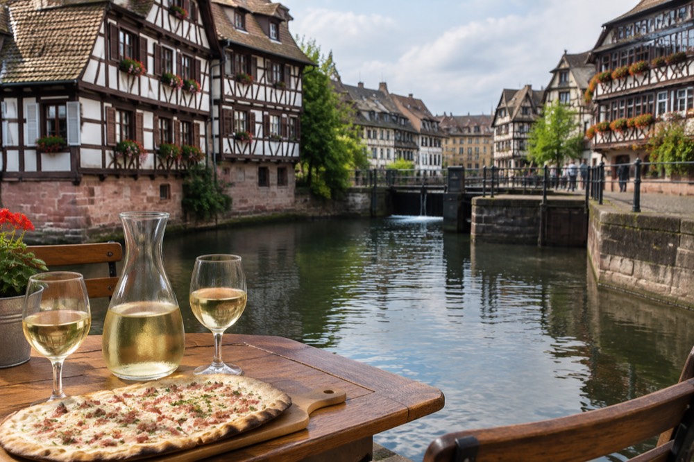 A carafe of white Alsace wine and two filled glasses beside a tarte flambée board on a winstub table