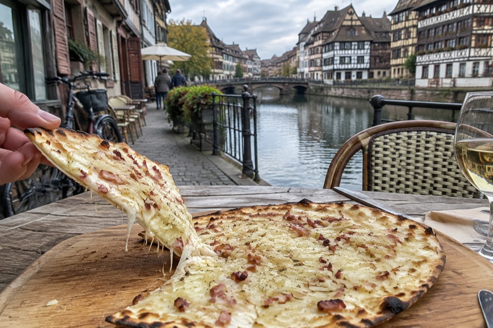 A slice of tarte flambée being lifted from the board with the cheese and onion topping stretching slightly
