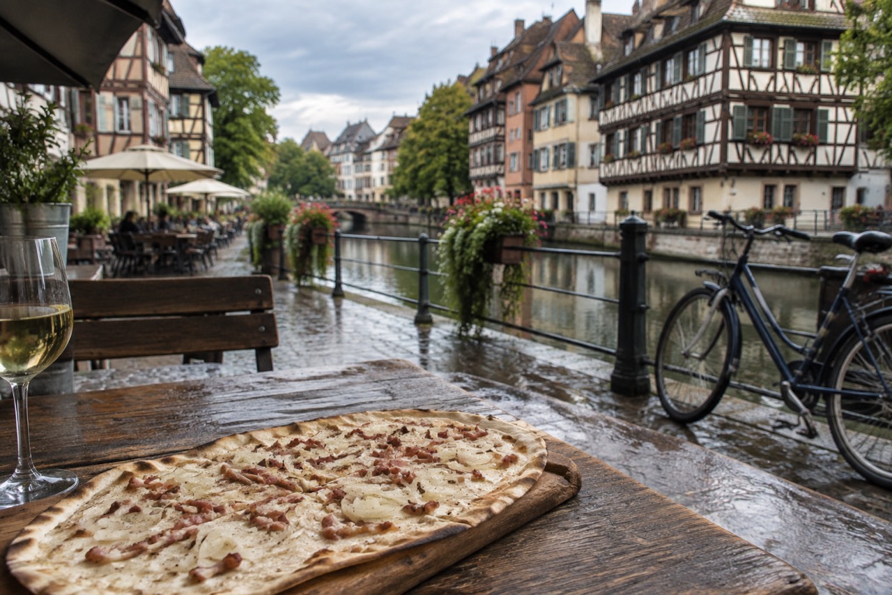 A thin tarte flambée with cream, onions and lardons fresh from a wood-fired oven on a rustic table
