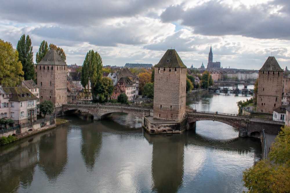 The Covered Bridges and Barrage Vauban seen across the Ill in Strasbourg