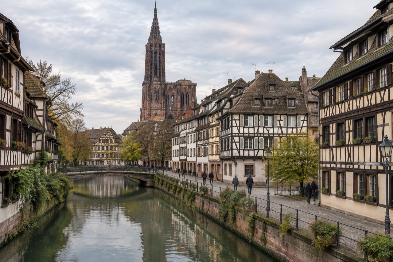 Half-timbered houses along a quiet canal in Strasbourg with the cathedral spire rising over the rooftops